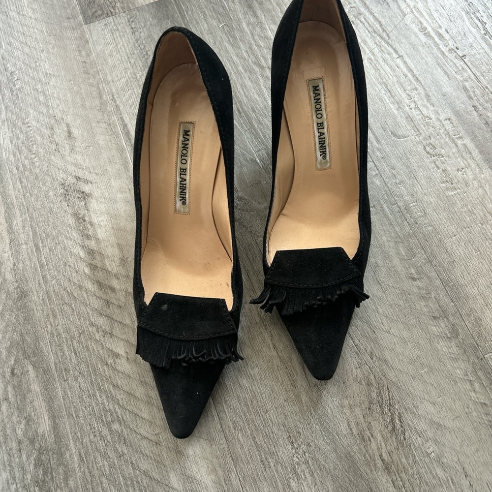 Manolo Blahnik Black Suede Heels with Fringe